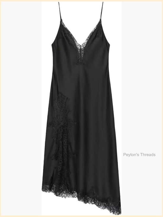 Dresses & Skirts - V Neck Spaghetti Strap Lace Trim Slip Midi Dress Asymmetrical Summer